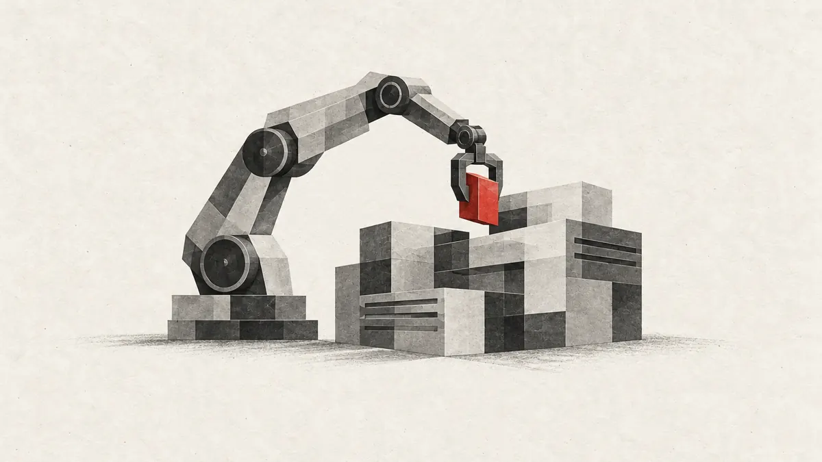 AI coding illustration: a robotic arm fitting a red block into a structure