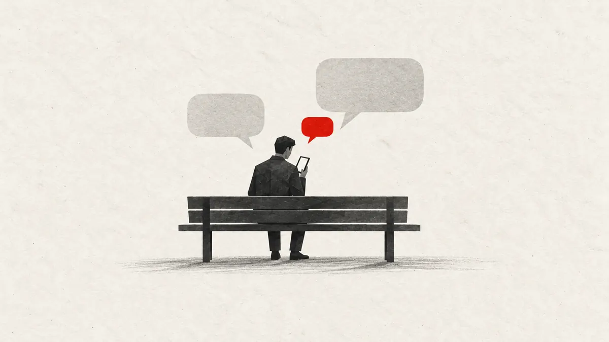 Consumer AI illustration: a person on a bench with chat bubbles around the phone