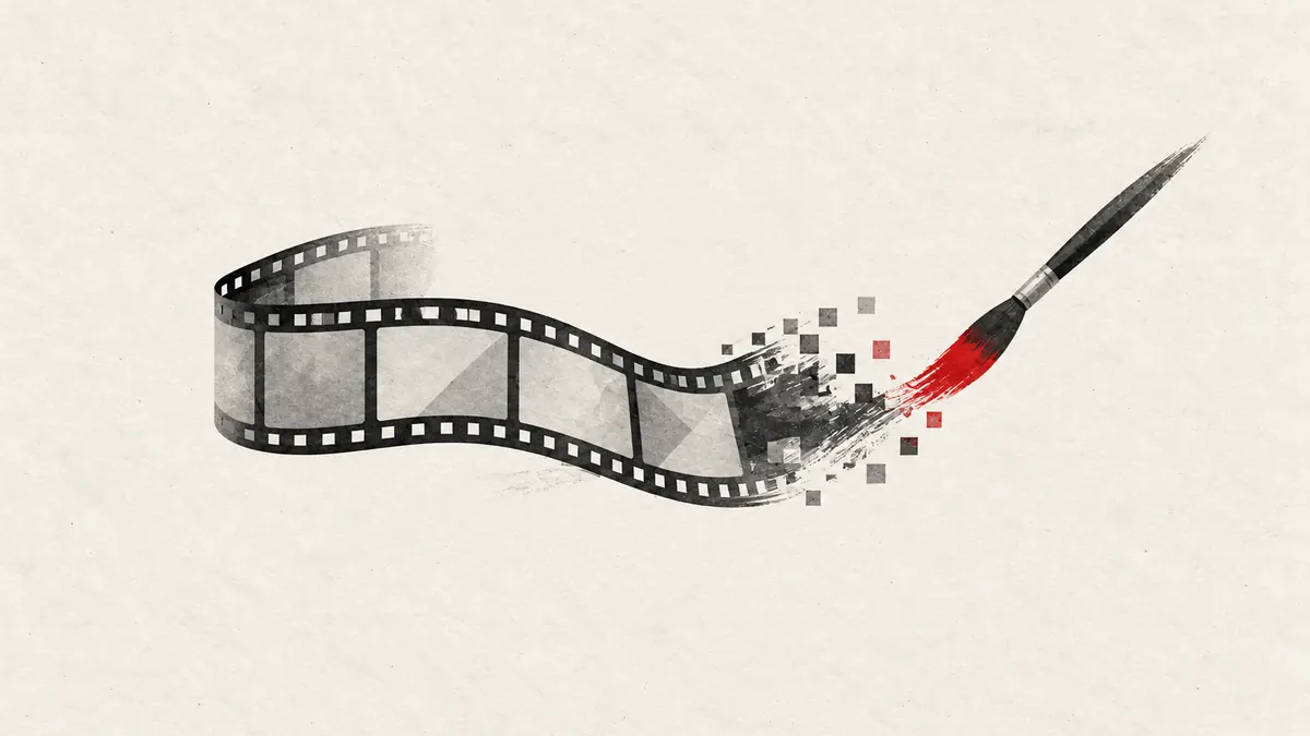 AI video and image illustration: film strip turning into brush strokes and pixels