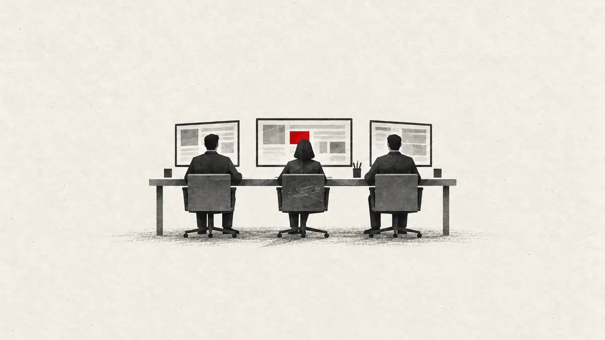 Enterprise AI illustration: three workers facing screens of workflow blocks