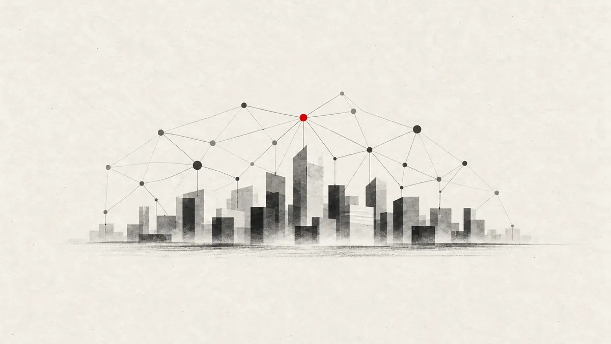 AI industry illustration: a city skyline under a web of network nodes