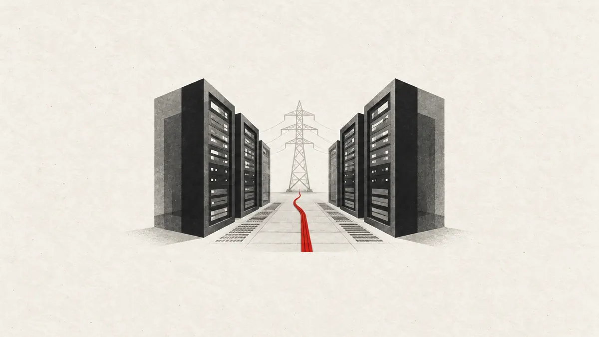 AI infrastructure illustration: server racks leading to a power tower