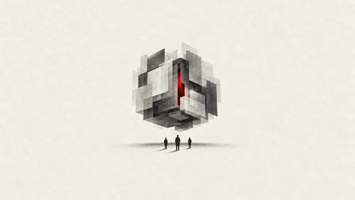 AI model illustration: a layered core glowing red with small figures below