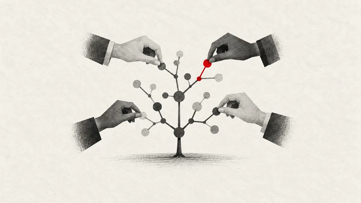 Open source illustration: hands joining branches to a shared node tree