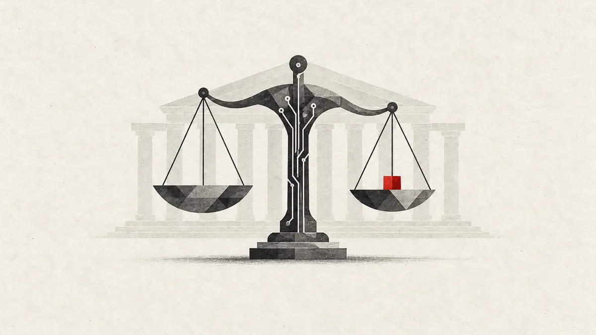 AI policy illustration: scales on a circuit base with a red weight