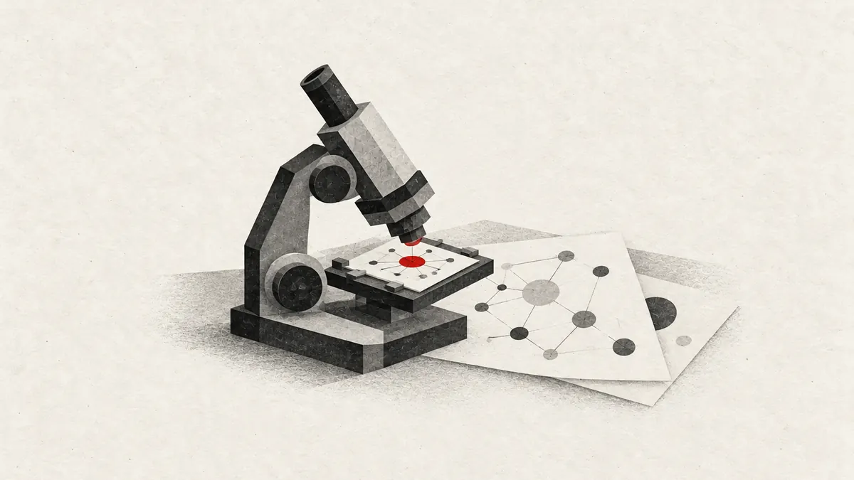 AI research illustration: a microscope over a red sample beside node diagrams