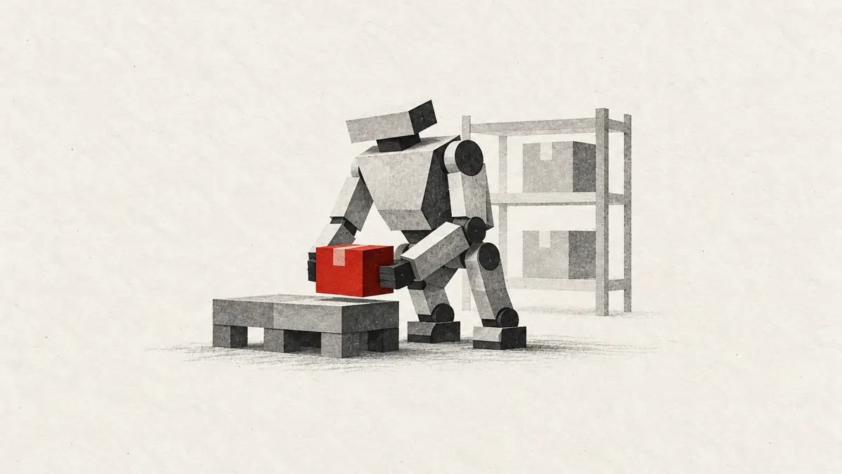 Robotics illustration: a geometric robot lifting a red box in a warehouse