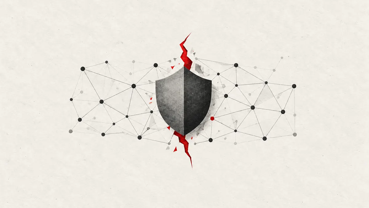 AI security illustration: a shield sealing a red crack in a network