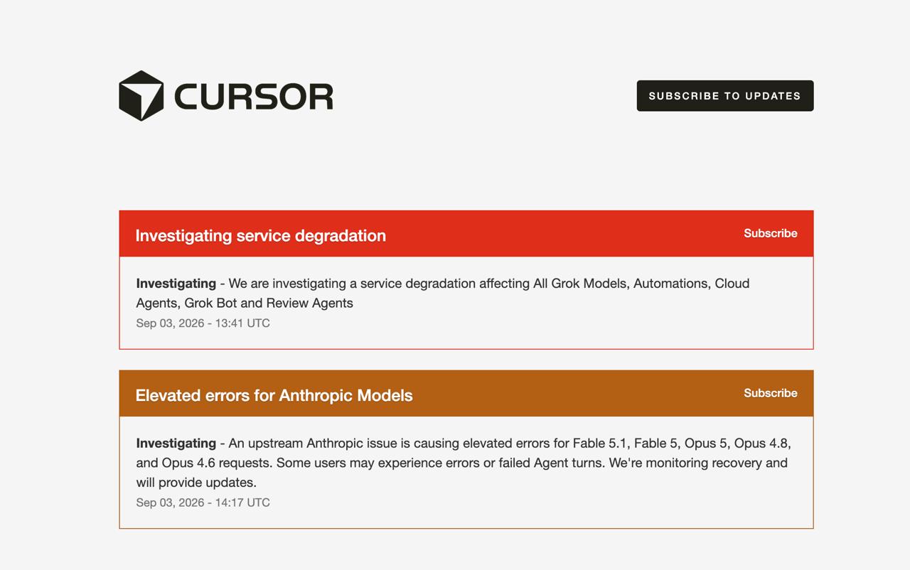 Página de status da Cursor com dois incidentes simultâneos: degradação de toda a linha Grok e erro upstream da Anthropic