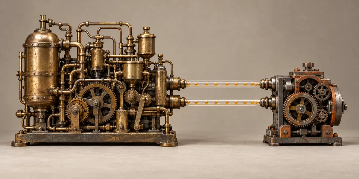 Illustration: twin pipes link old and new machines, depicting shadow traffic checks during the Anthropic Rust migration