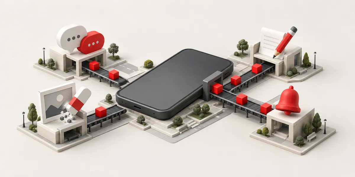 Illustration: feature packages enter a phone by conveyor, symbolizing Qwen-powered translation and writing