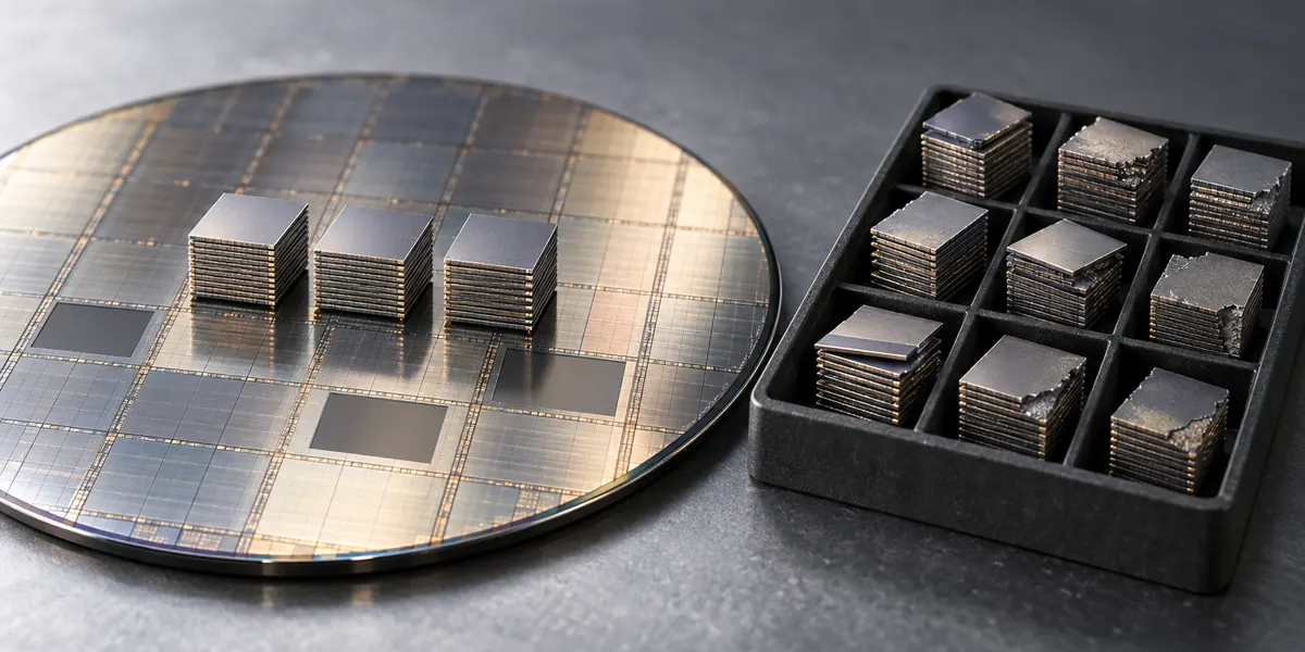 Illustration: a few intact HBM stacks on a wafer contrast with a tray of rejects, showing low yield