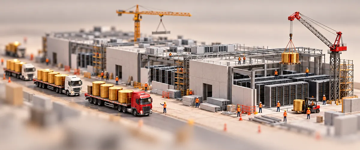 Illustration: coin-laden miniature trucks enter a data center site, symbolizing Meta financing AI infrastructure