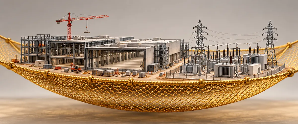 Illustration: a gold safety net supports an AI data center and power works, symbolizing construction loan guarantees