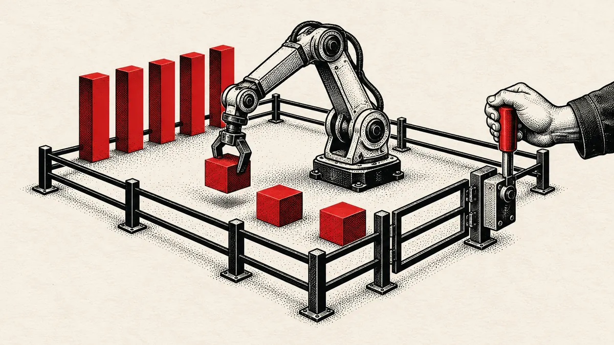 Illustration: five red pillars beside a fenced robot arm, a human hand on the stop lever, echoing OpenAI's rules
