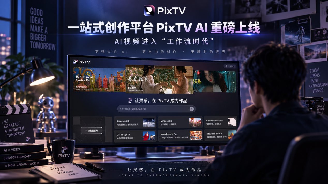 PixTV AI launch key visual, homepage showing entry points for models including Seedance 2.5, GPT Image 2.5, and MiniMax H3