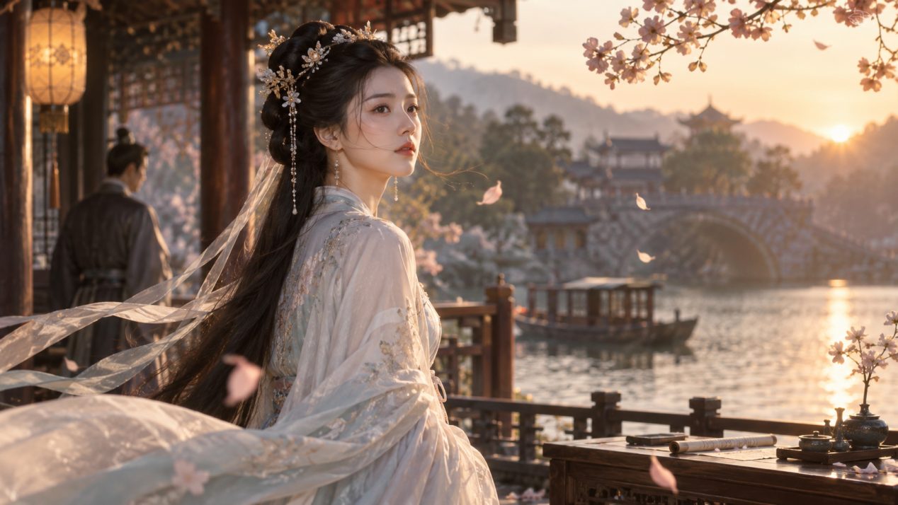 Example of a PixTV-generated ancient-style character shot, with a lakeside pavilion and peach blossom background